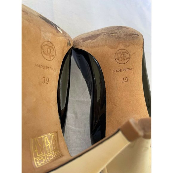 Authentic Chanel Womens Shoes Elastic Pumps Heels Cap Toe Leather Black Beige 39 - Picture 10 of 13